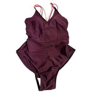 Kona Sol One Piece  XL Swimsuit High Leg Ruching Colorful Straps Bra Pool Beach